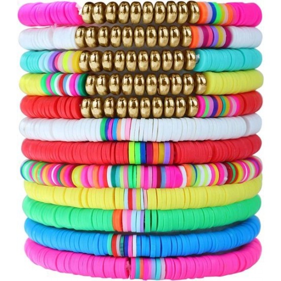 12Pcs Heishi Surfer Bracelets For Women Colorful Friendship Vsco Boho Bead Bracelet Stackable Rainbow Bracelet Polymer Clay Elastic Rope Bracelet Summer Beach Jewelry